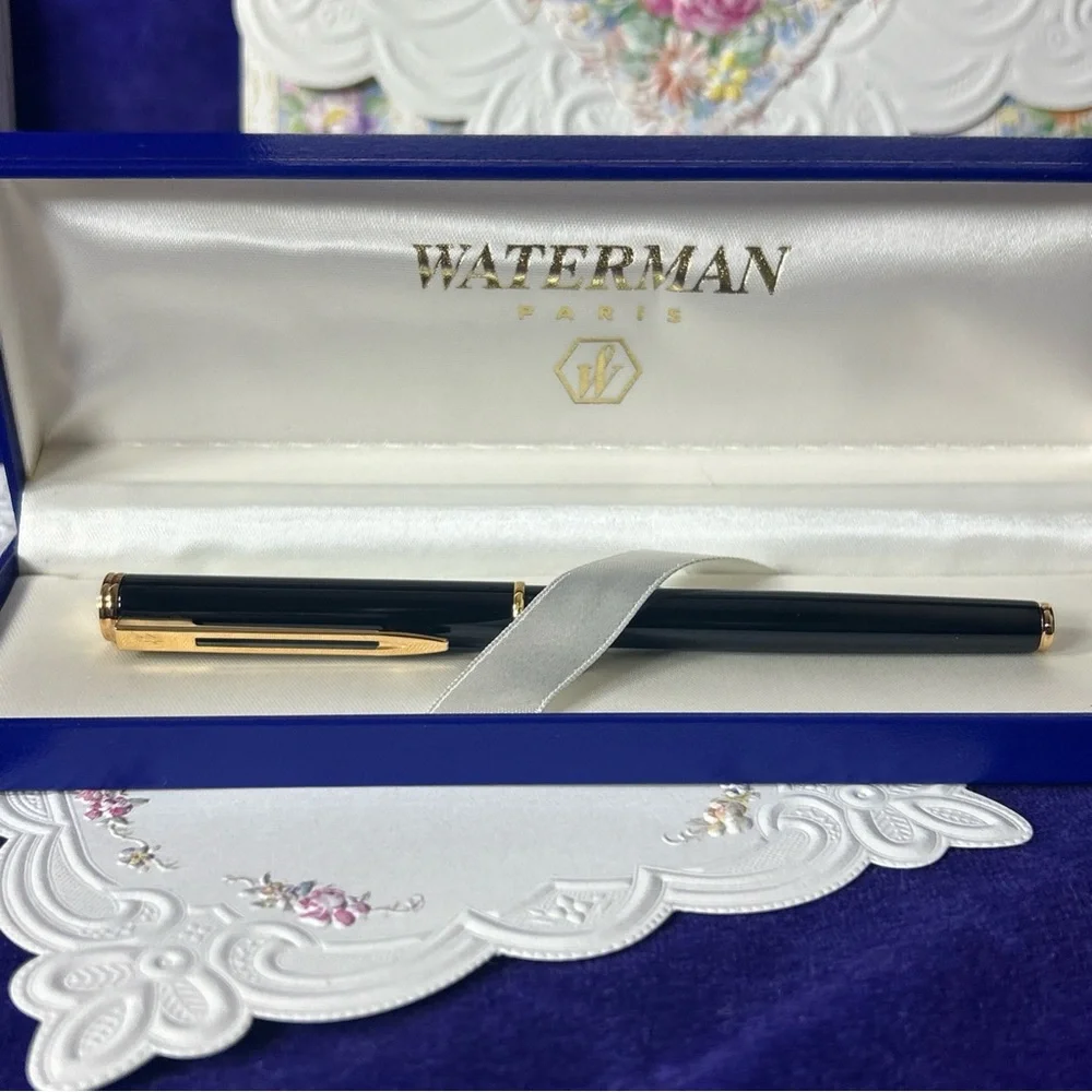 Vintage Waterman Paris 18K Gold Nib Fountain Pen Black & Gold New in Box